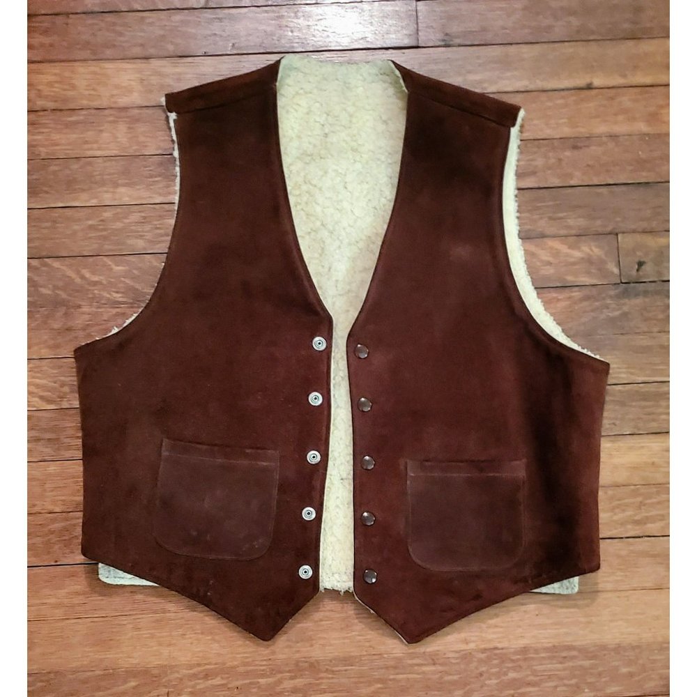 Genuine Brown Suede Leather Vest w/ White Sherpa‎ Lining Size Large